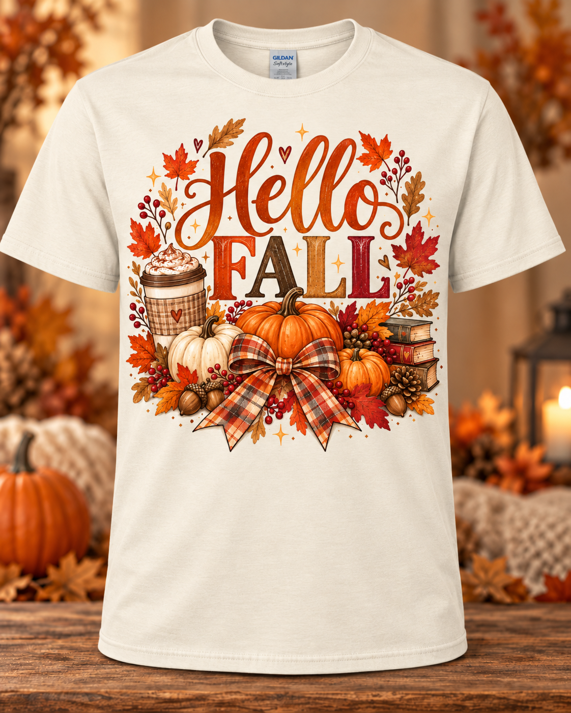 Hello Fall Pumpkin Spice & Plaid Bow Graphic T-Shirt
π€