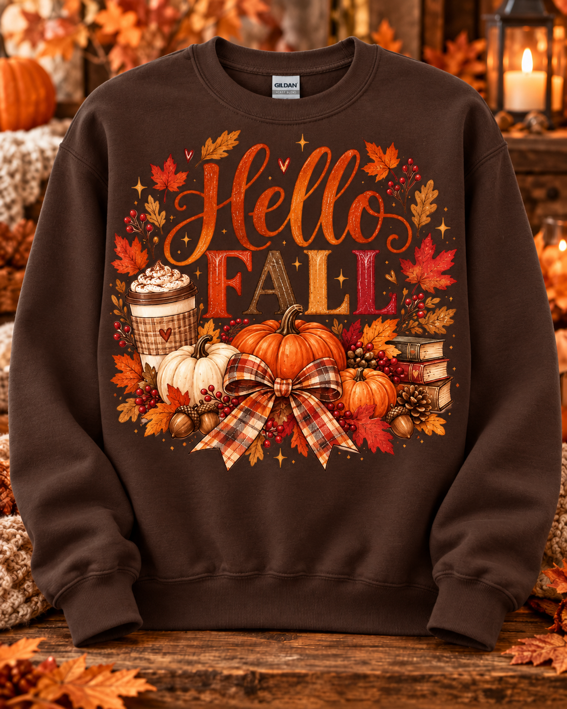 Hello Fall Pumpkin Spice & Plaid Bow Crewneck Sweatshirt 🤎