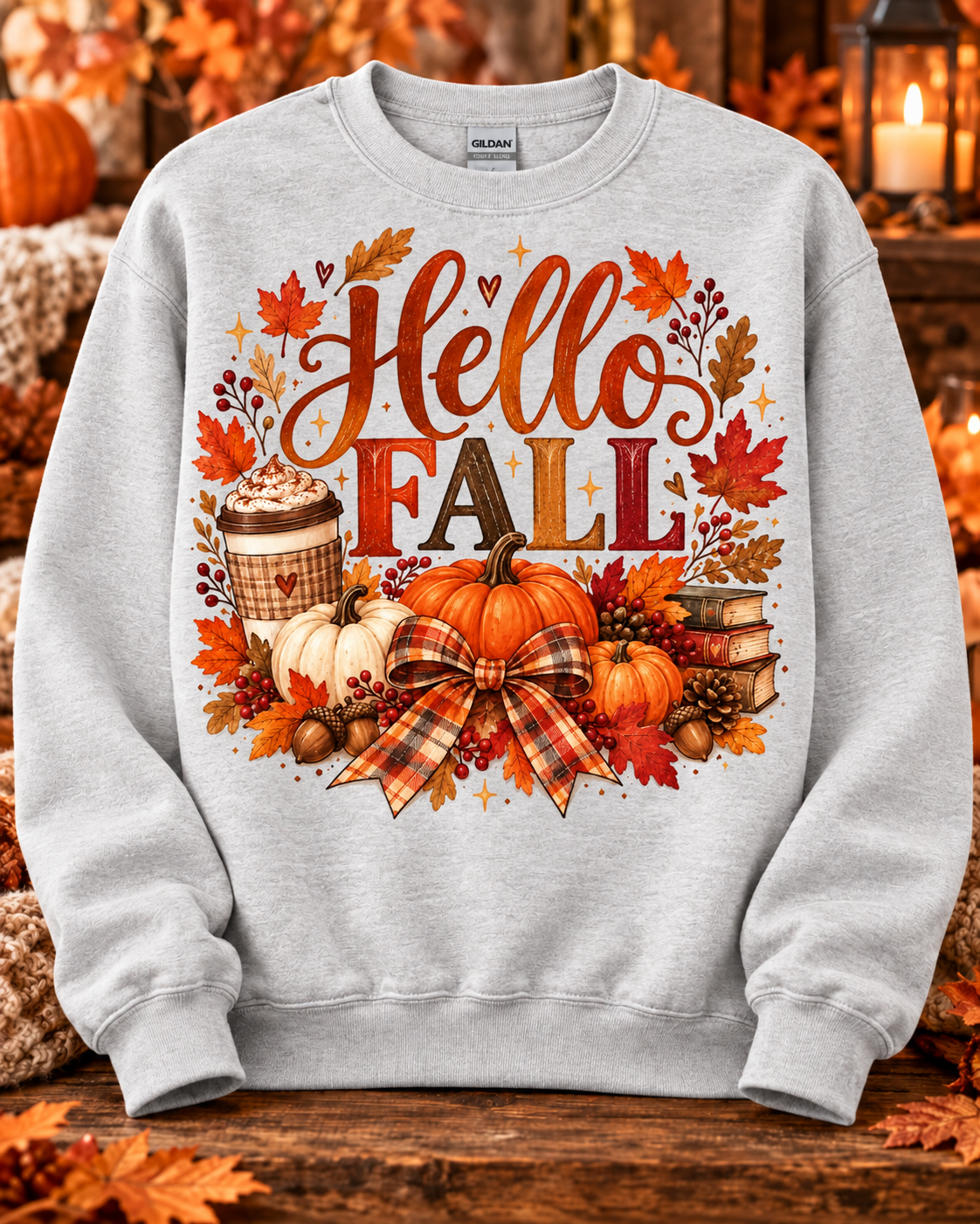 Hello Fall Pumpkin Spice & Plaid Bow Crewneck Sweatshirt 🤎