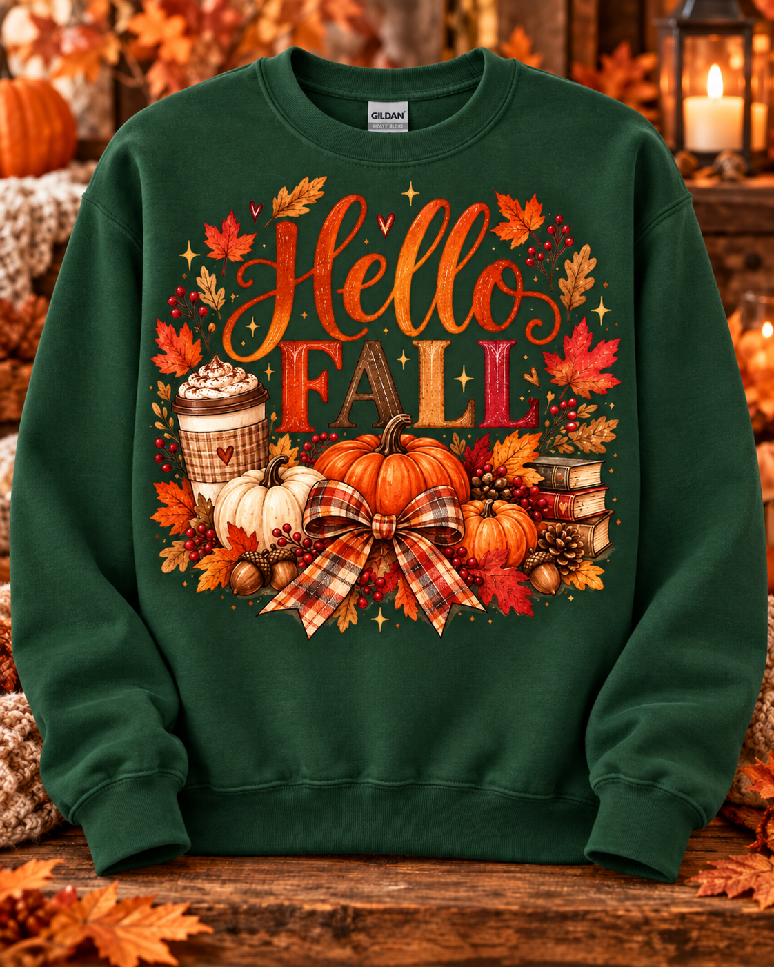 Hello Fall Pumpkin Spice & Plaid Bow Crewneck Sweatshirt 🤎
