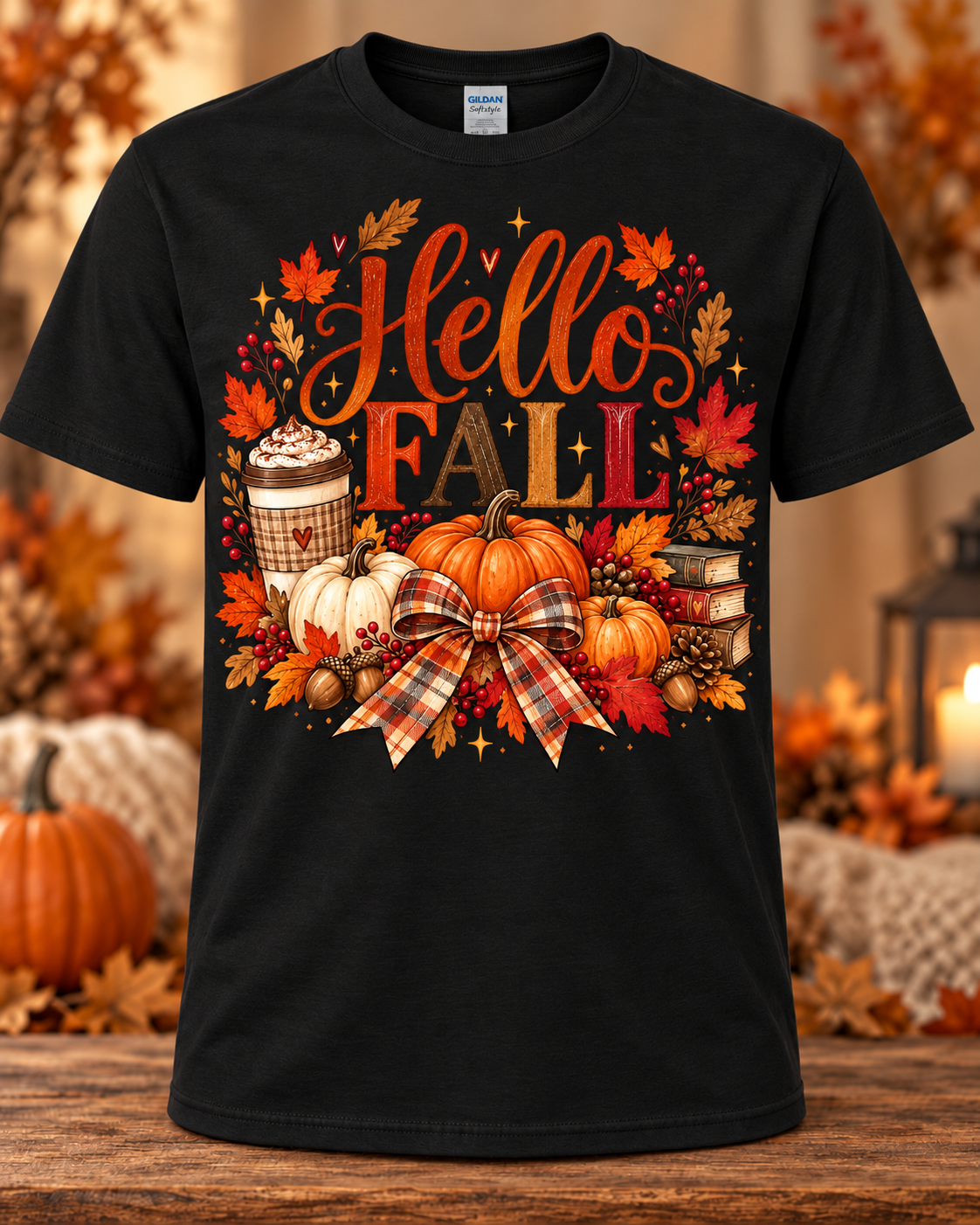 Hello Fall Pumpkin Spice & Plaid Bow Graphic T-Shirt
 🤎