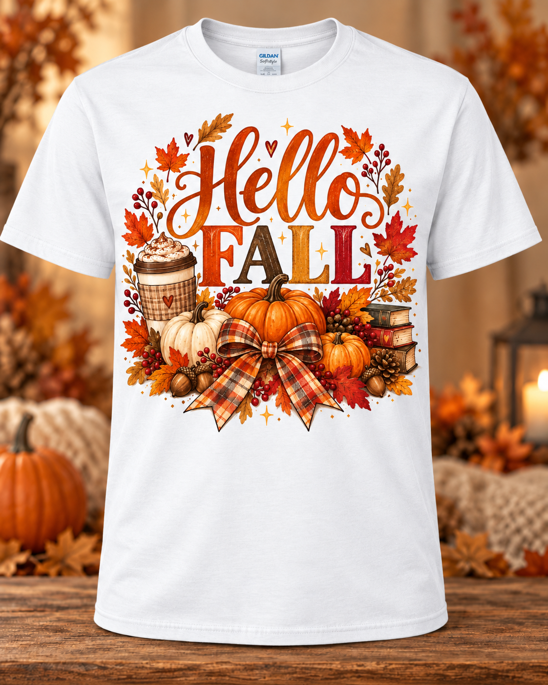 Hello Fall Pumpkin Spice & Plaid Bow Graphic T-Shirt
 🤎