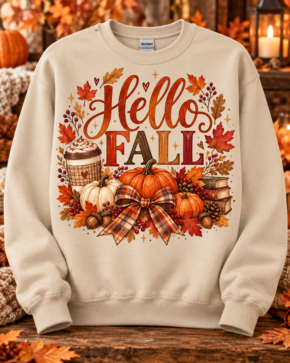 Hello Fall Pumpkin Spice & Plaid Bow Crewneck Sweatshirt 🤎
