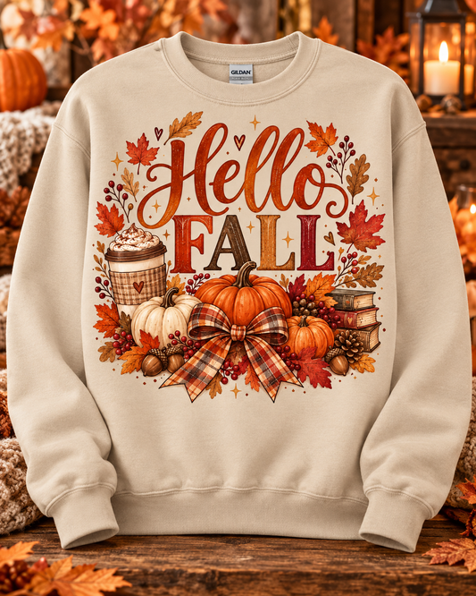 Hello Fall Pumpkin Spice & Plaid Bow Crewneck Sweatshirt 🤎