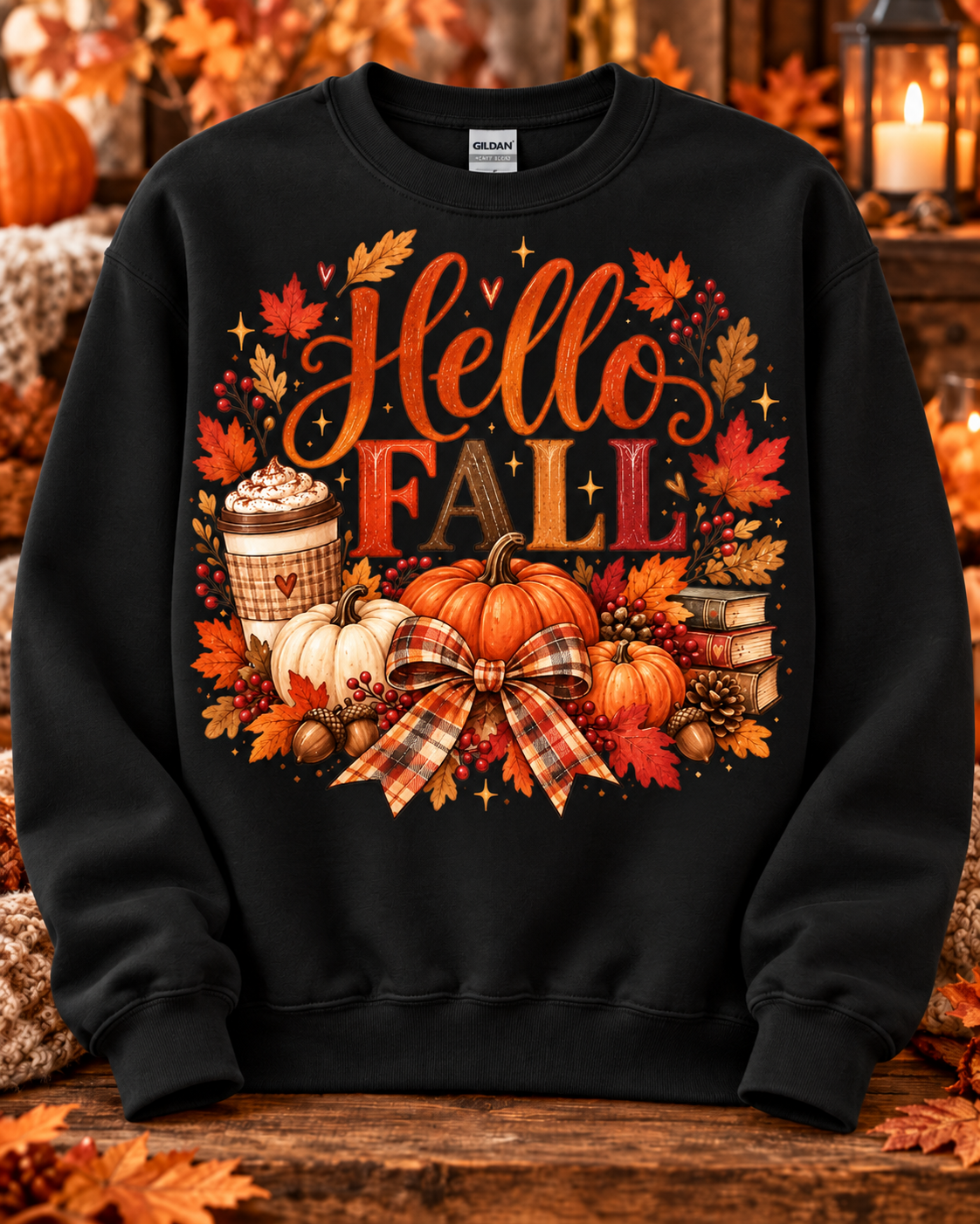 Hello Fall Pumpkin Spice & Plaid Bow Crewneck Sweatshirt 🤎