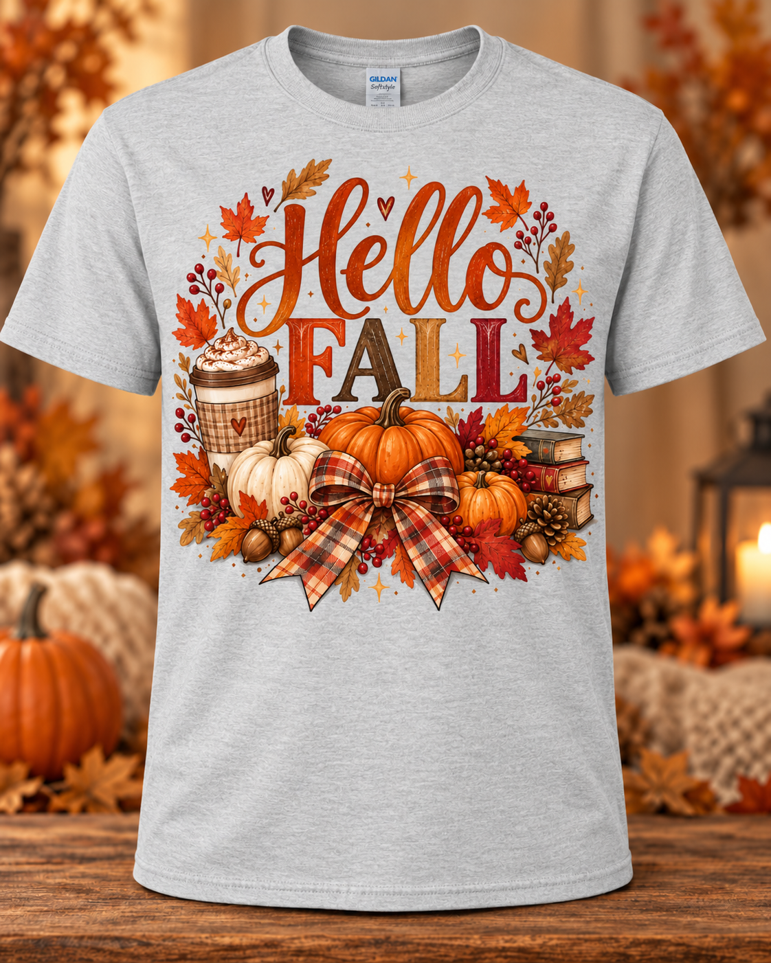 Hello Fall Pumpkin Spice & Plaid Bow Graphic T-Shirt
 🤎