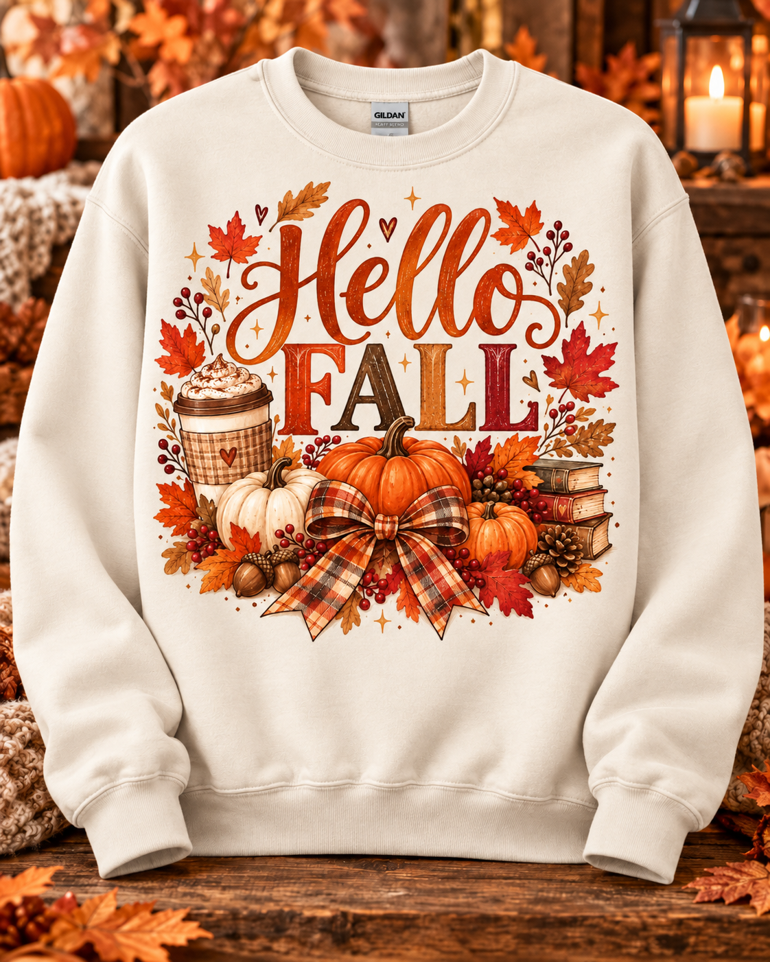 Hello Fall Pumpkin Spice & Plaid Bow Crewneck Sweatshirt 🤎