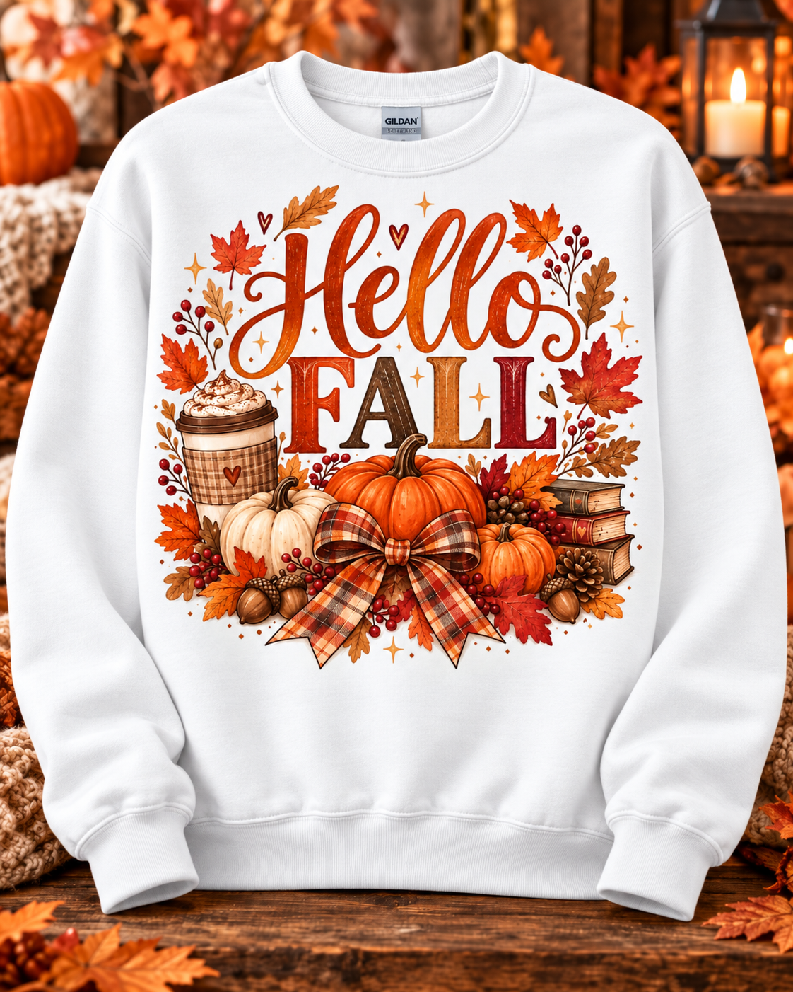 Hello Fall Pumpkin Spice & Plaid Bow Crewneck Sweatshirt 🤎