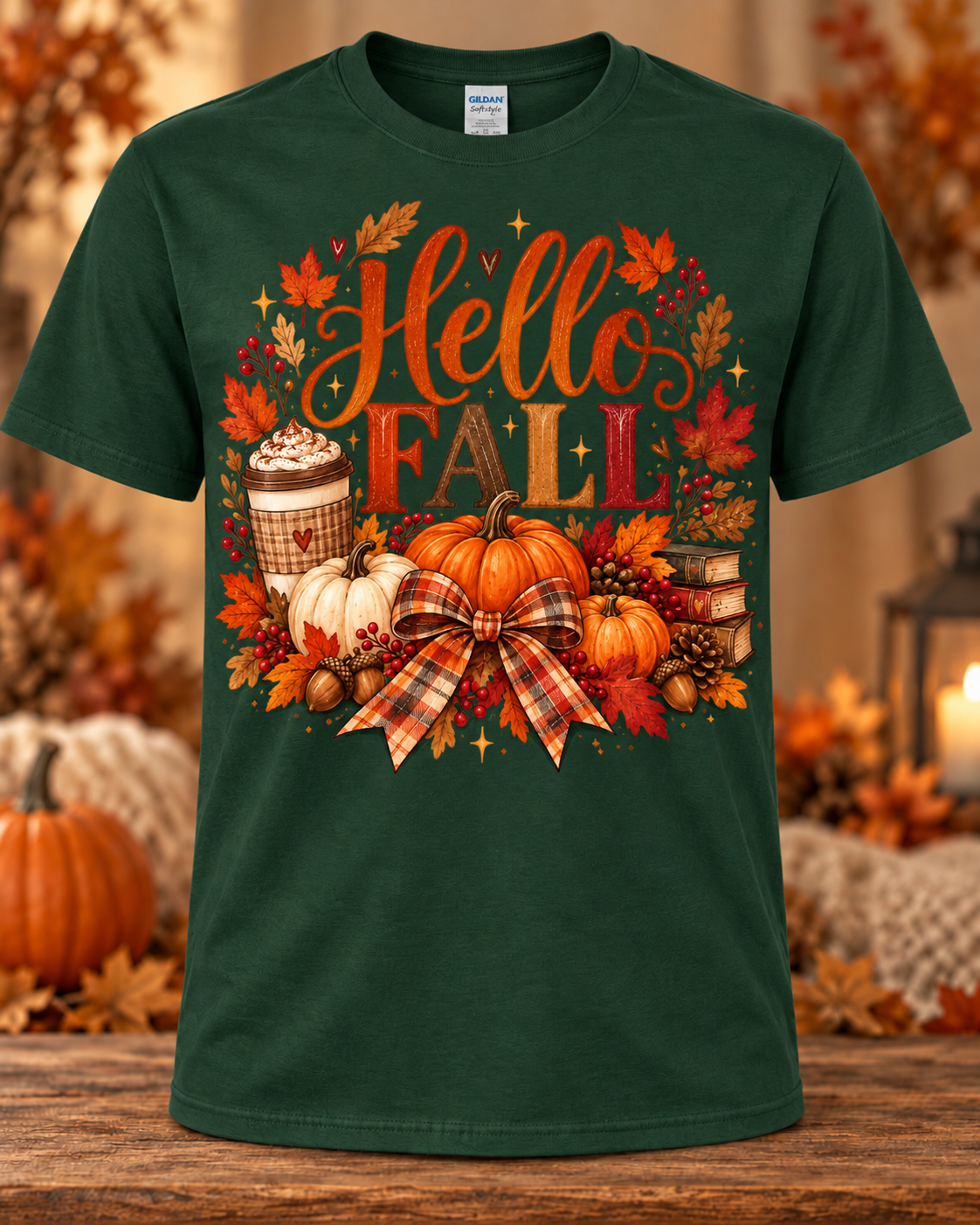 Hello Fall Pumpkin Spice & Plaid Bow Graphic T-Shirt
 🤎