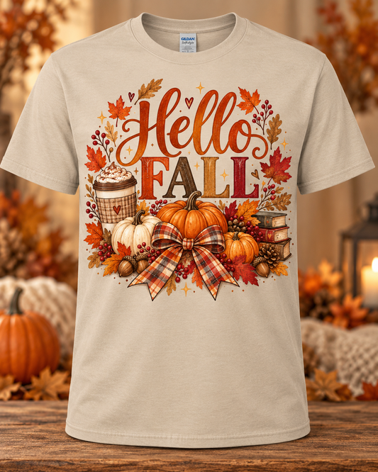 Hello Fall Pumpkin Spice & Plaid Bow Graphic T-Shirt
 🤎