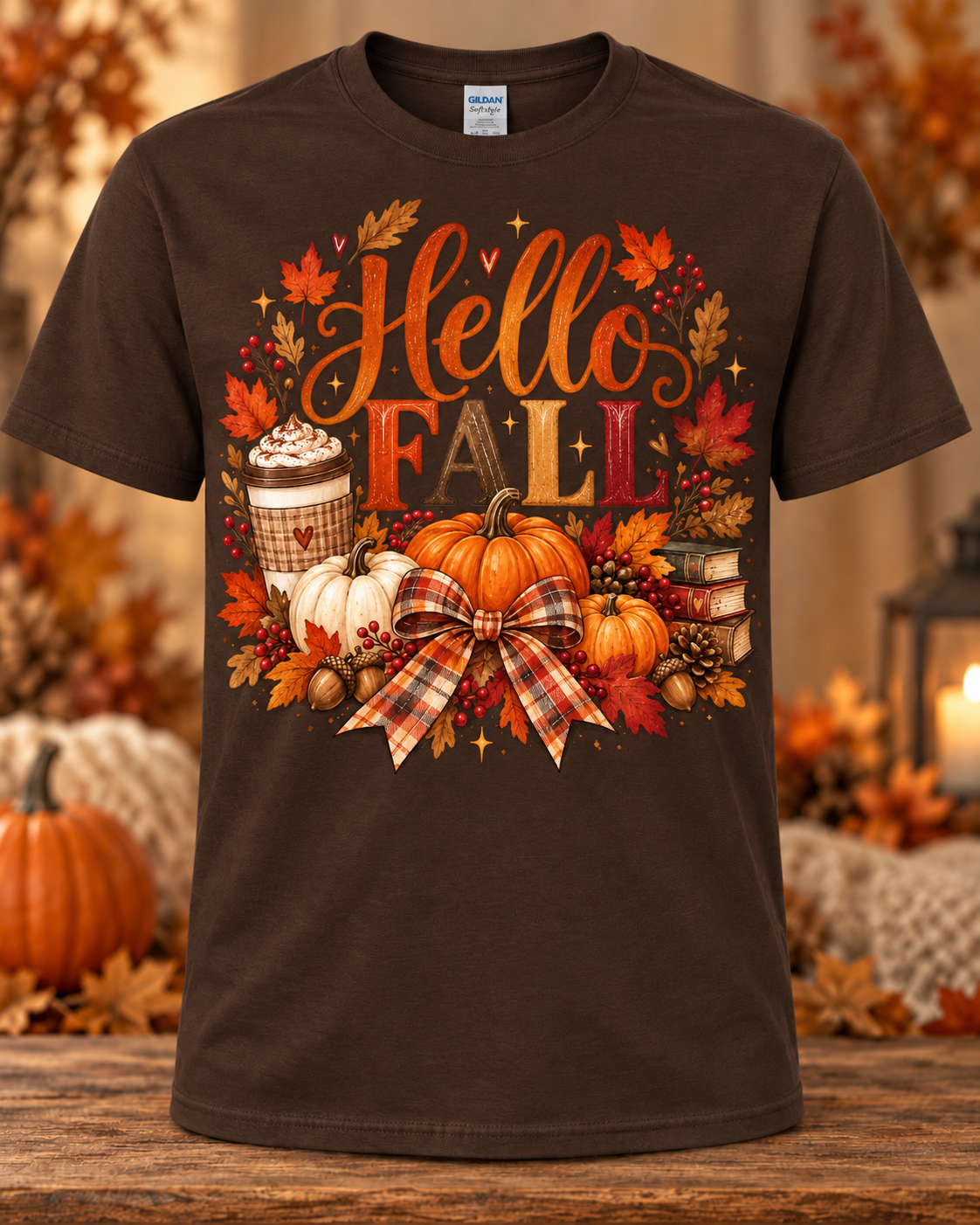 Hello Fall Pumpkin Spice & Plaid Bow Graphic T-Shirt
 🤎